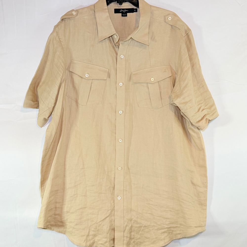 Sean John Mens XL Tan 100% Linen Short Sleeve Button Down Safari Utility Shirt